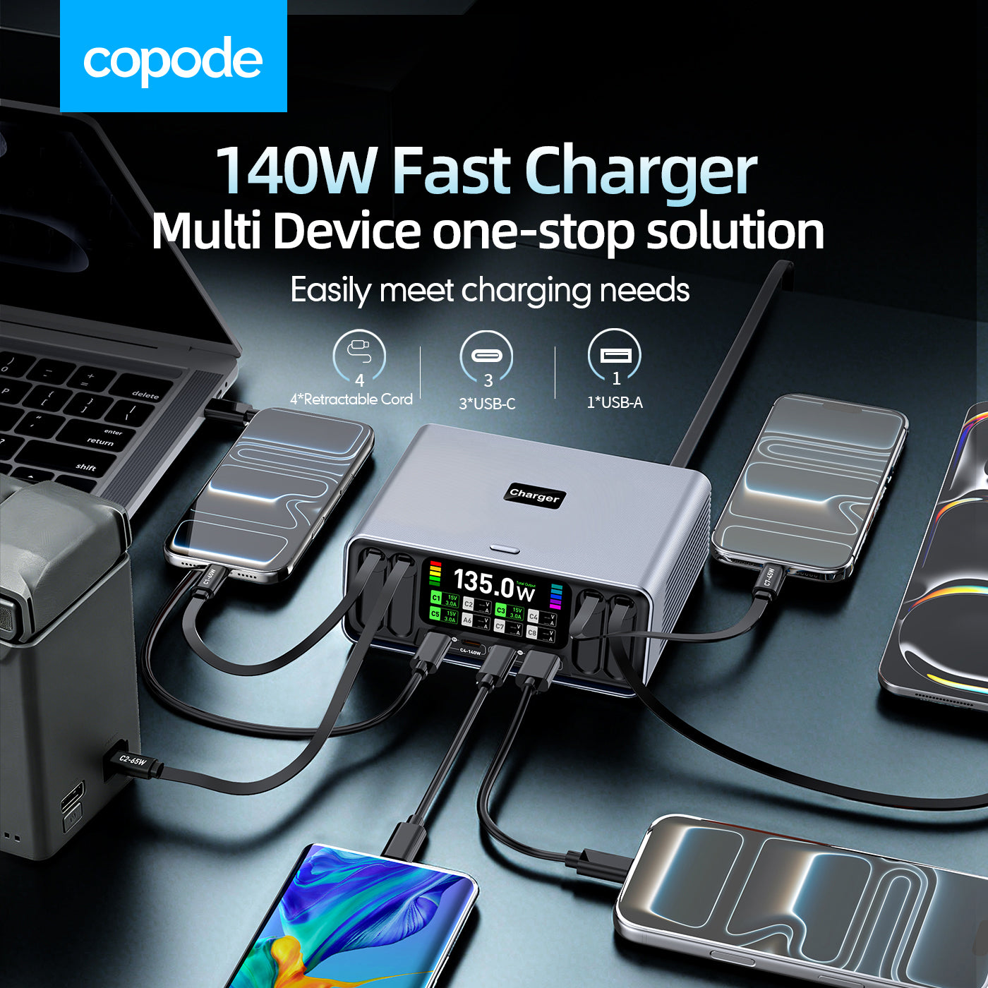 Copode 140W Multi-Port Charger with 4 Pull-Out Fast Charging Ports