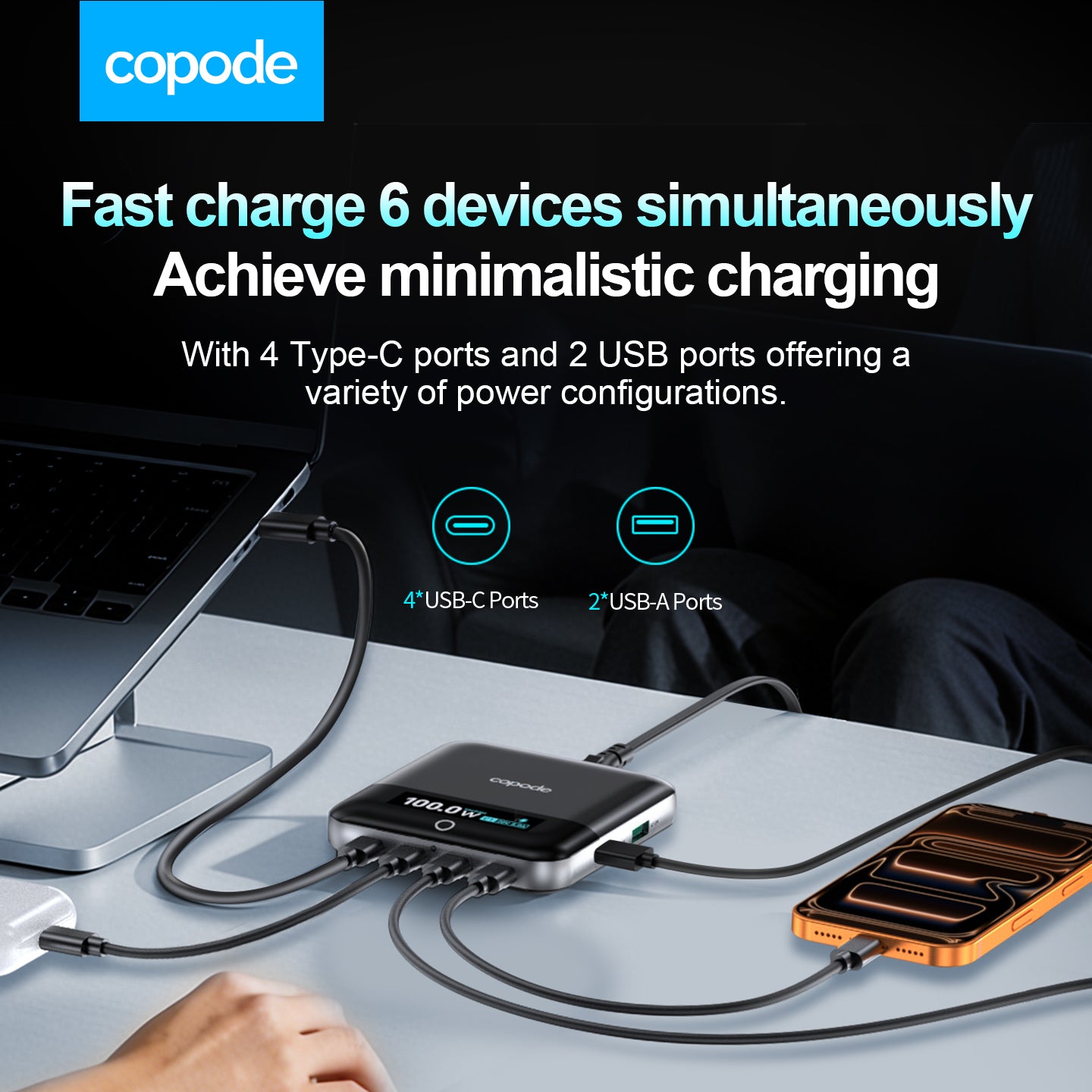 Copode 6-Port GaN Desktop Charging Station 100W PD PPS Digital Display USB Type-C Fast Charging