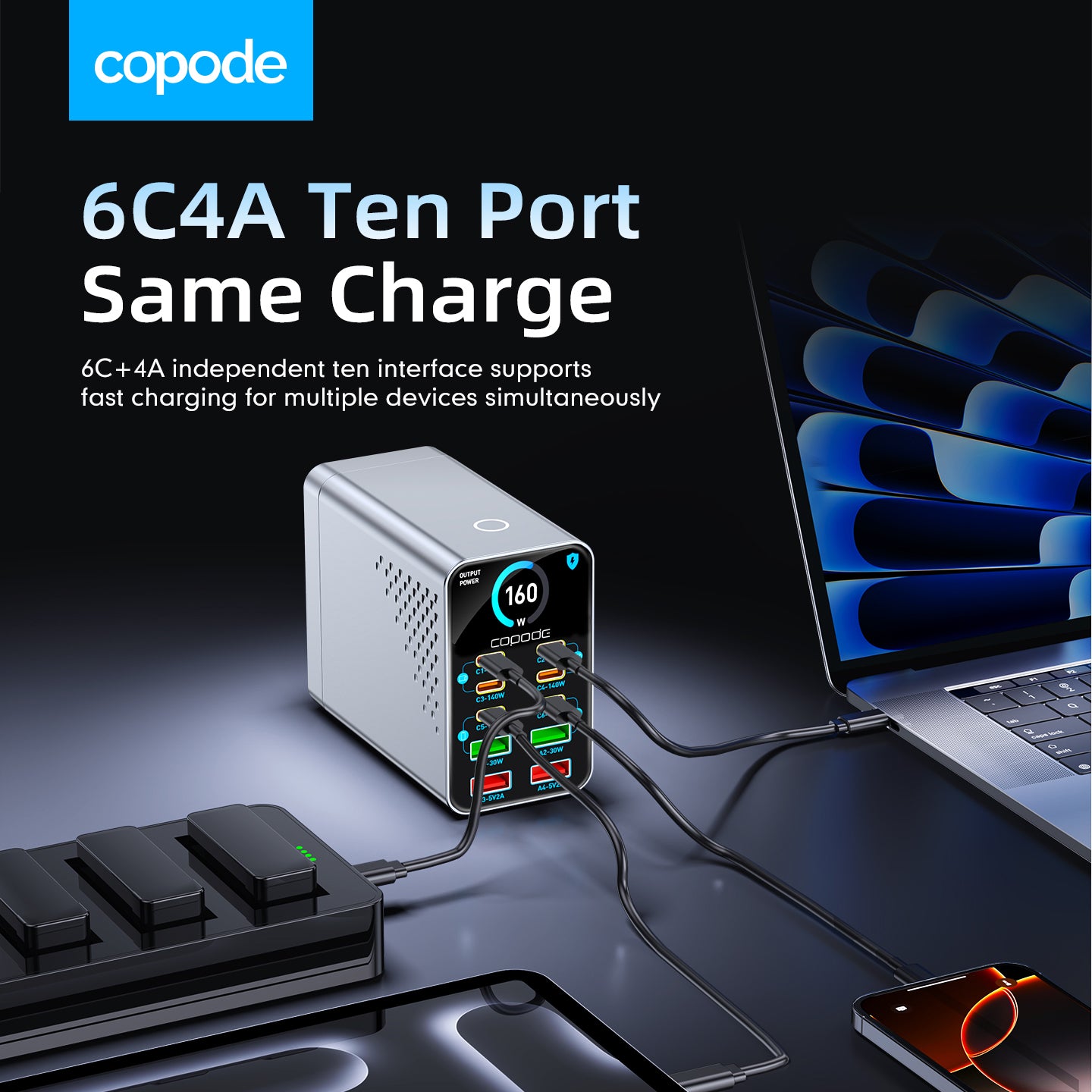 Copode 10-in-1 GaN USB-C Desktop Charging Station PD+QC Digital Display Fast Charger
